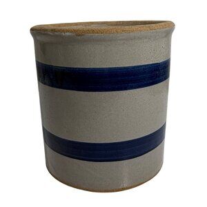 Stoneware Crock w/ Blue Stripes - Rustic Kitchen Utensil Holder Decorative Vase